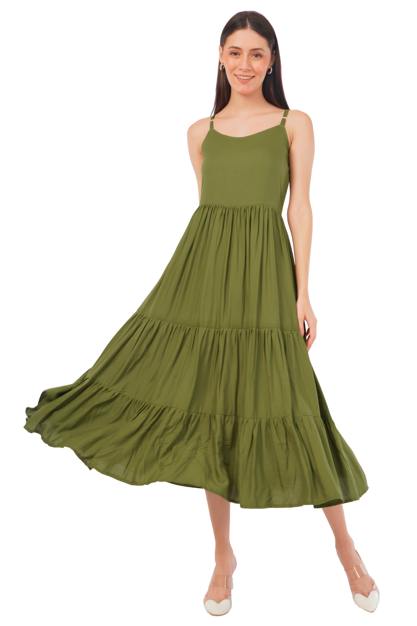 Strawberry Xpress Solid Tiered A-Line Maxi Dress – Green