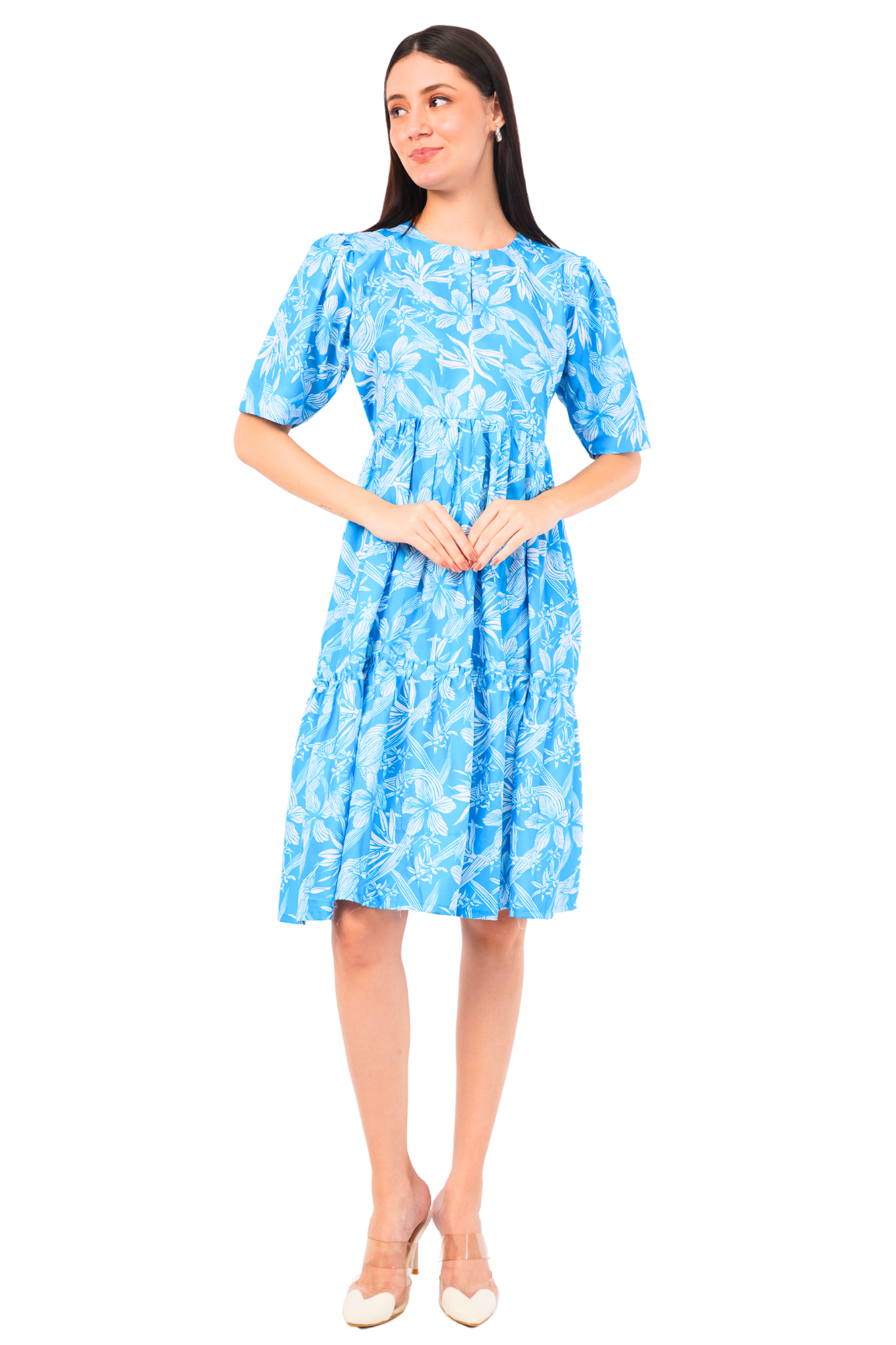 Strawberry Xpress Tropical Print Puff Sleeve A-Line Maxi Dress – Blue