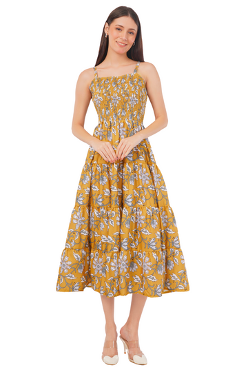 Strawberry Xpress Smocked Floral  A-Line Maxi Dress – Mustard