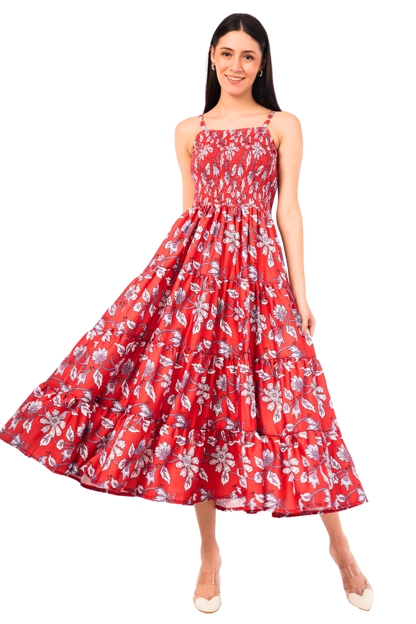 Strawberry Xpress Smocked Floral A-Line Maxi Dress – Red