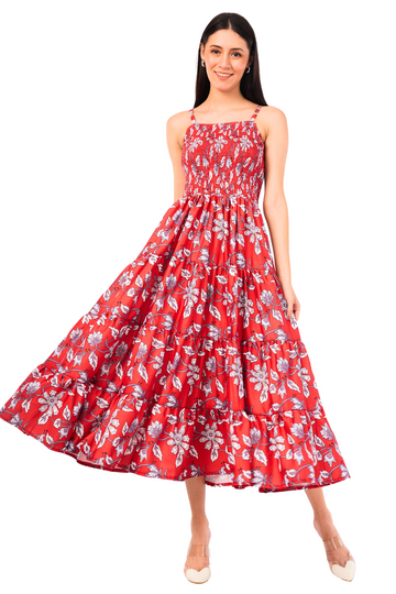 Strawberry Xpress Smocked Floral A-Line Maxi Dress – Red