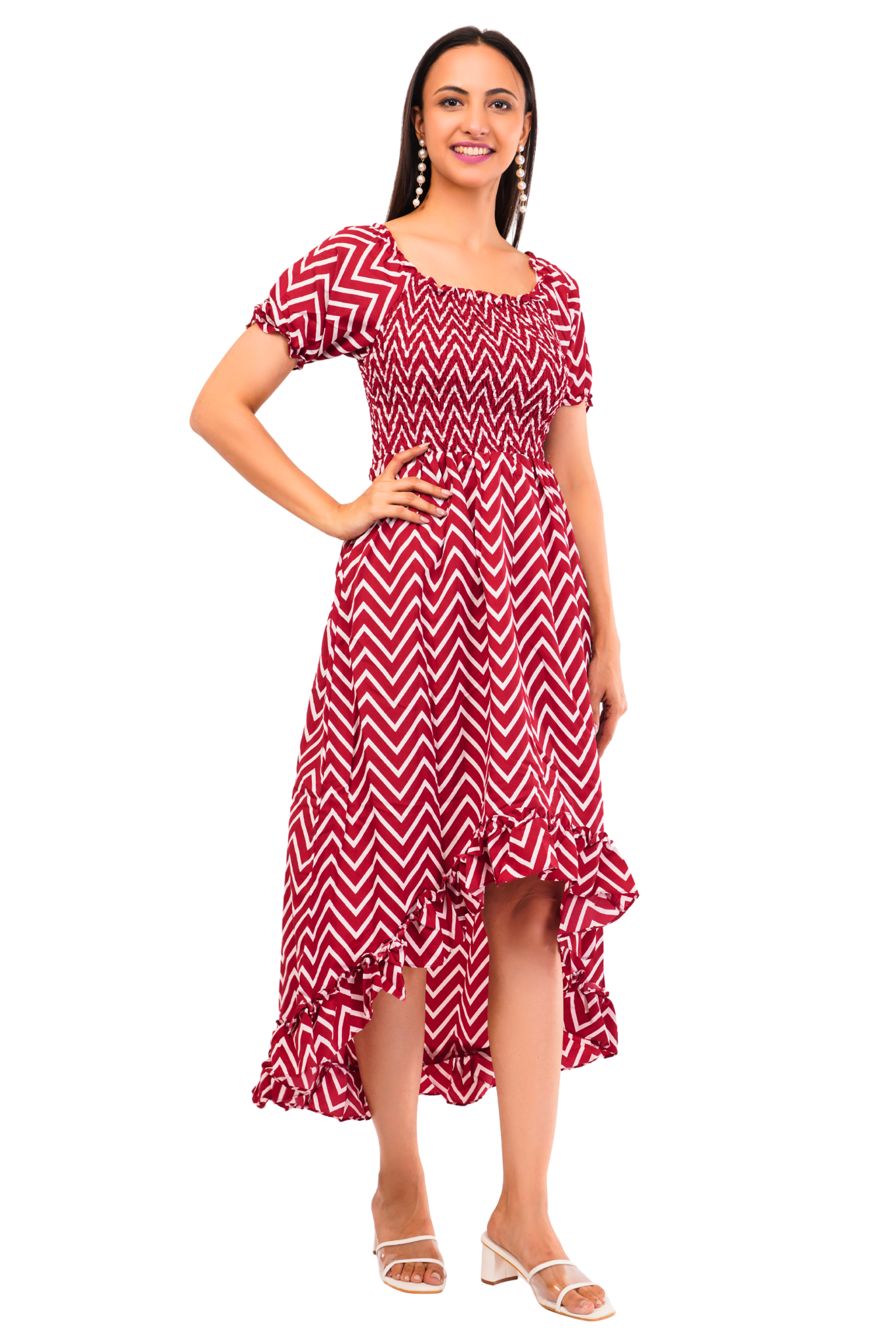 Strawberry Xpress Women's Crepe A-Line Maxi Dress – Ruffled Red & White