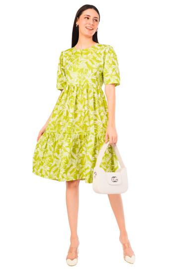 Strawberry Xpress Apparels Tropical Print Puff Sleeve A-Line Maxi Dress – Green