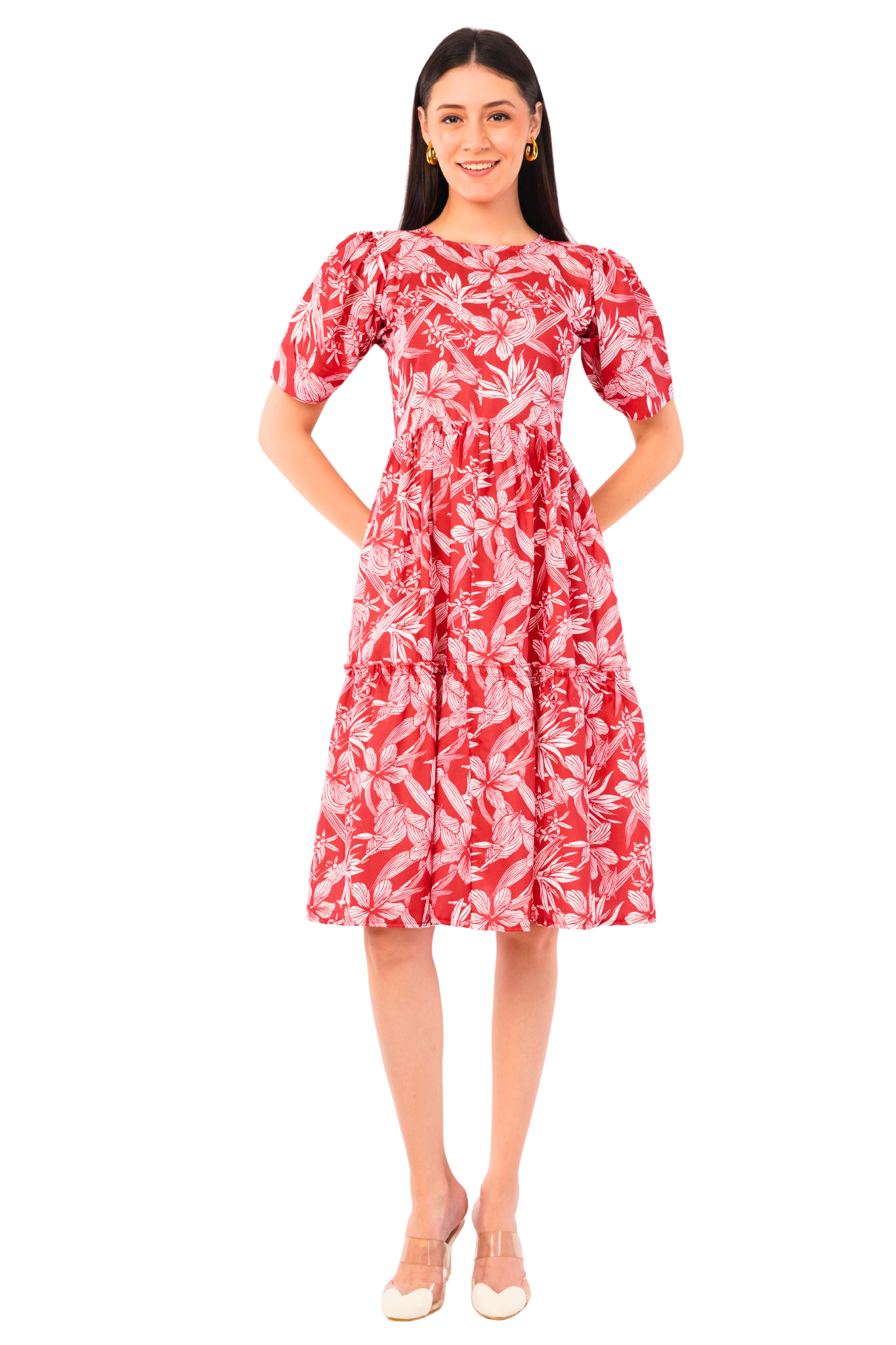 Strawberry Xpress Apparels Tropical Print Puff Sleeve A-Line Maxi Dress – Red