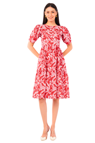 Strawberry Xpress Apparels Tropical Print Puff Sleeve A-Line Maxi Dress – Red