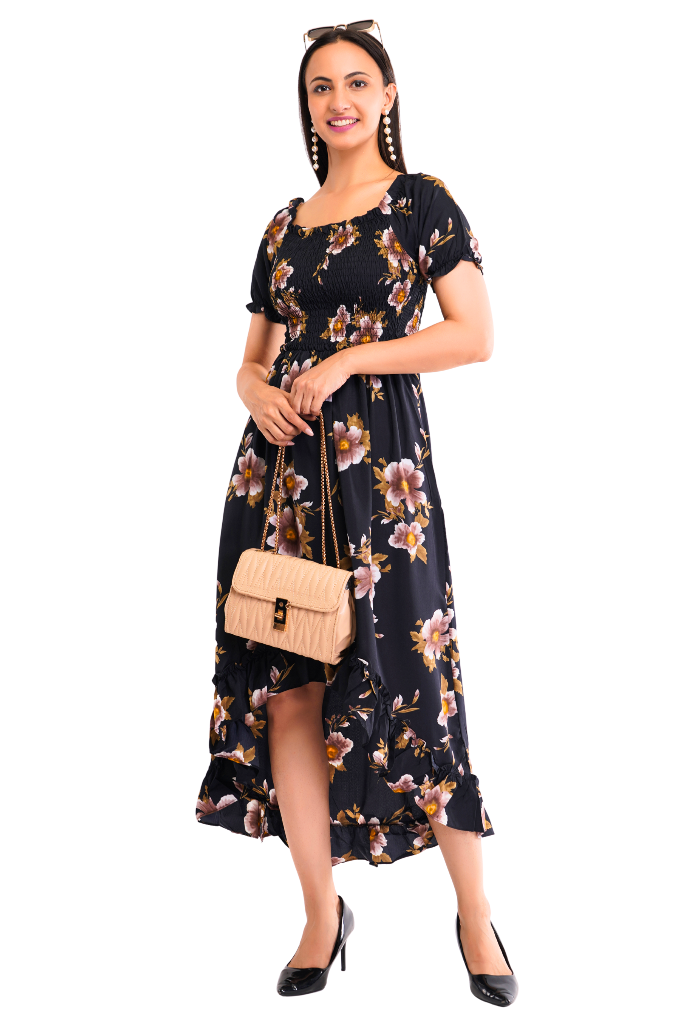 Strawberry Xpress Women's Crepe A-Line Maxi Dress – Ruffled Black