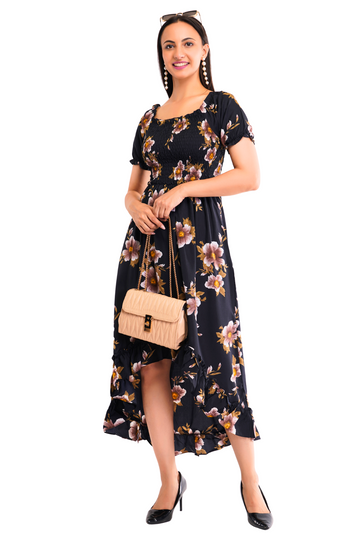 Strawberry Xpress Women's Crepe A-Line Maxi Dress – Ruffled Black