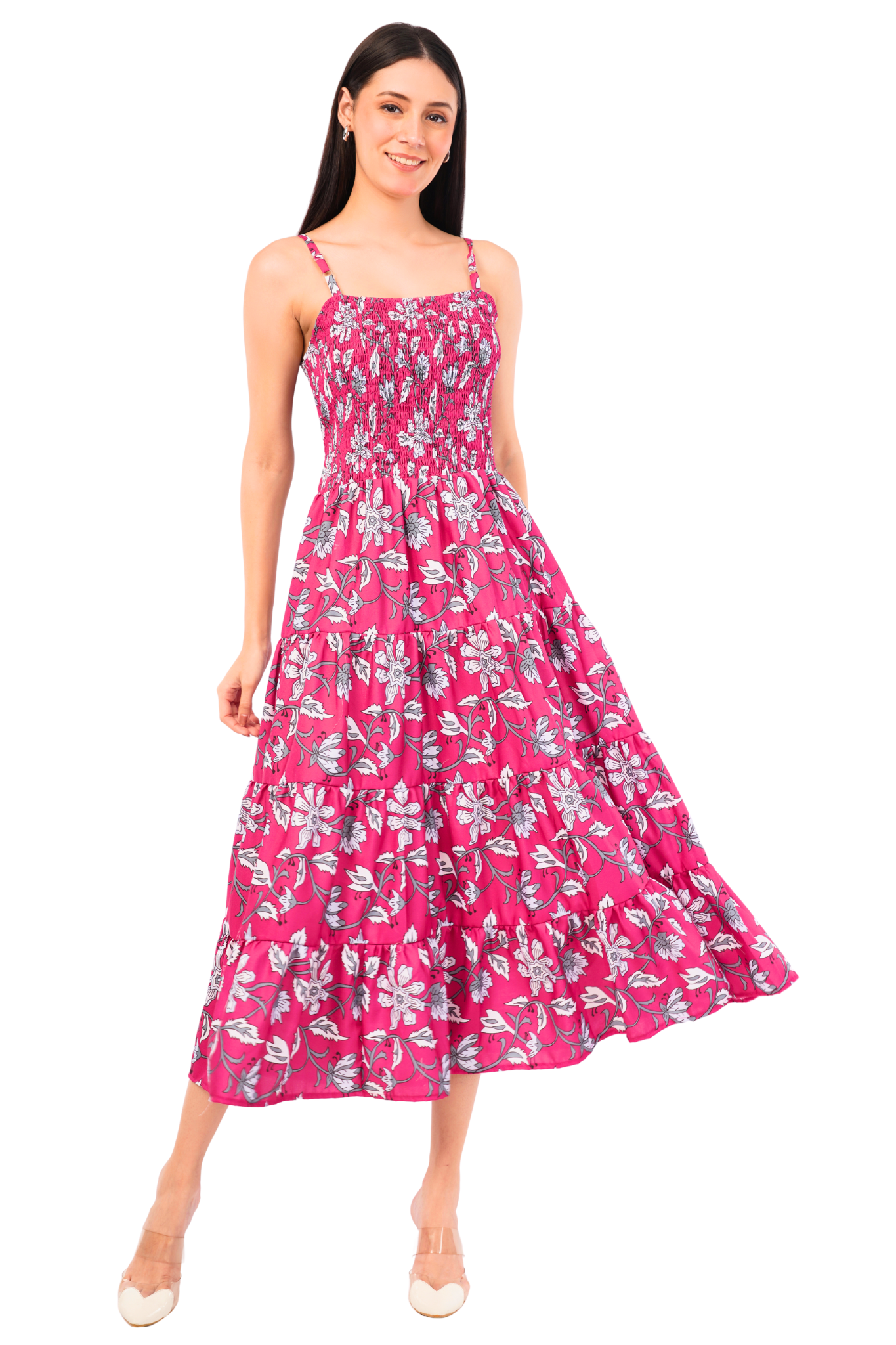 Strawberry Xpress Smocked Floral A-Line Maxi Dress – Pink