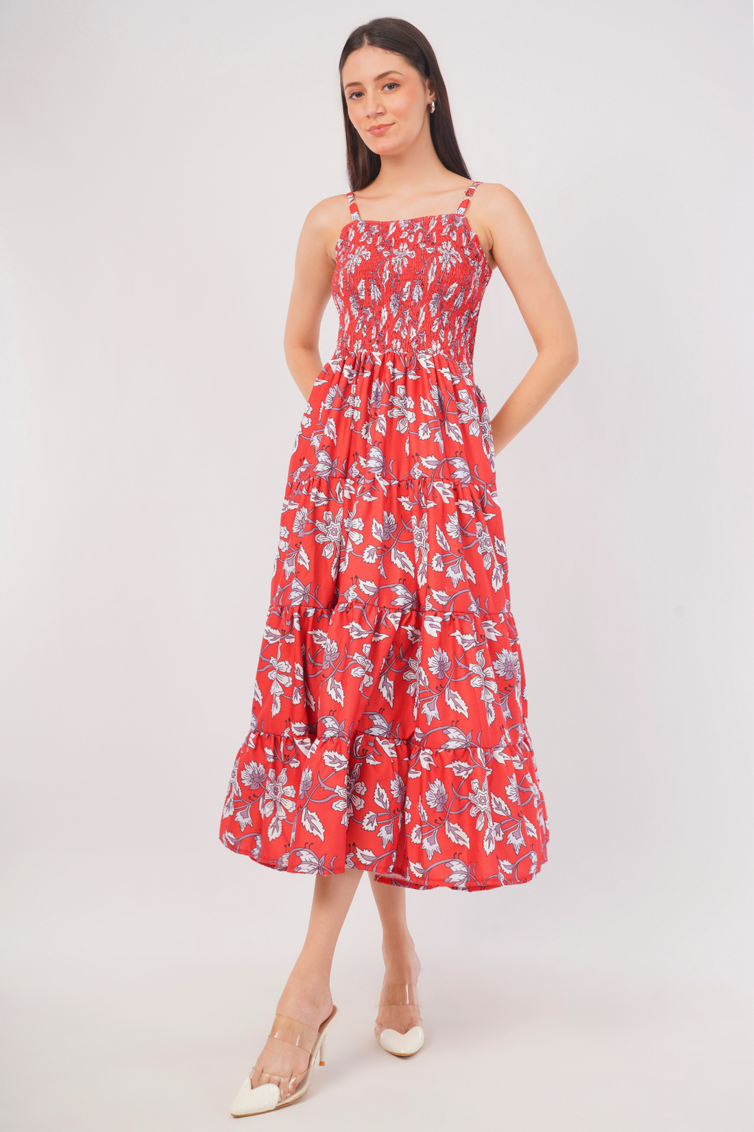 Strawberry Xpress Smocked Floral A-Line Maxi Dress – Red