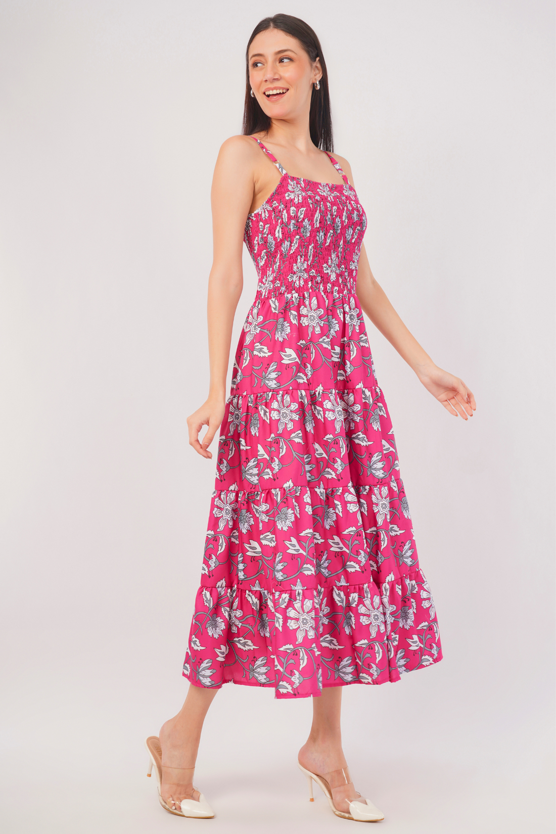 Strawberry Xpress Smocked Floral A-Line Maxi Dress – Pink
