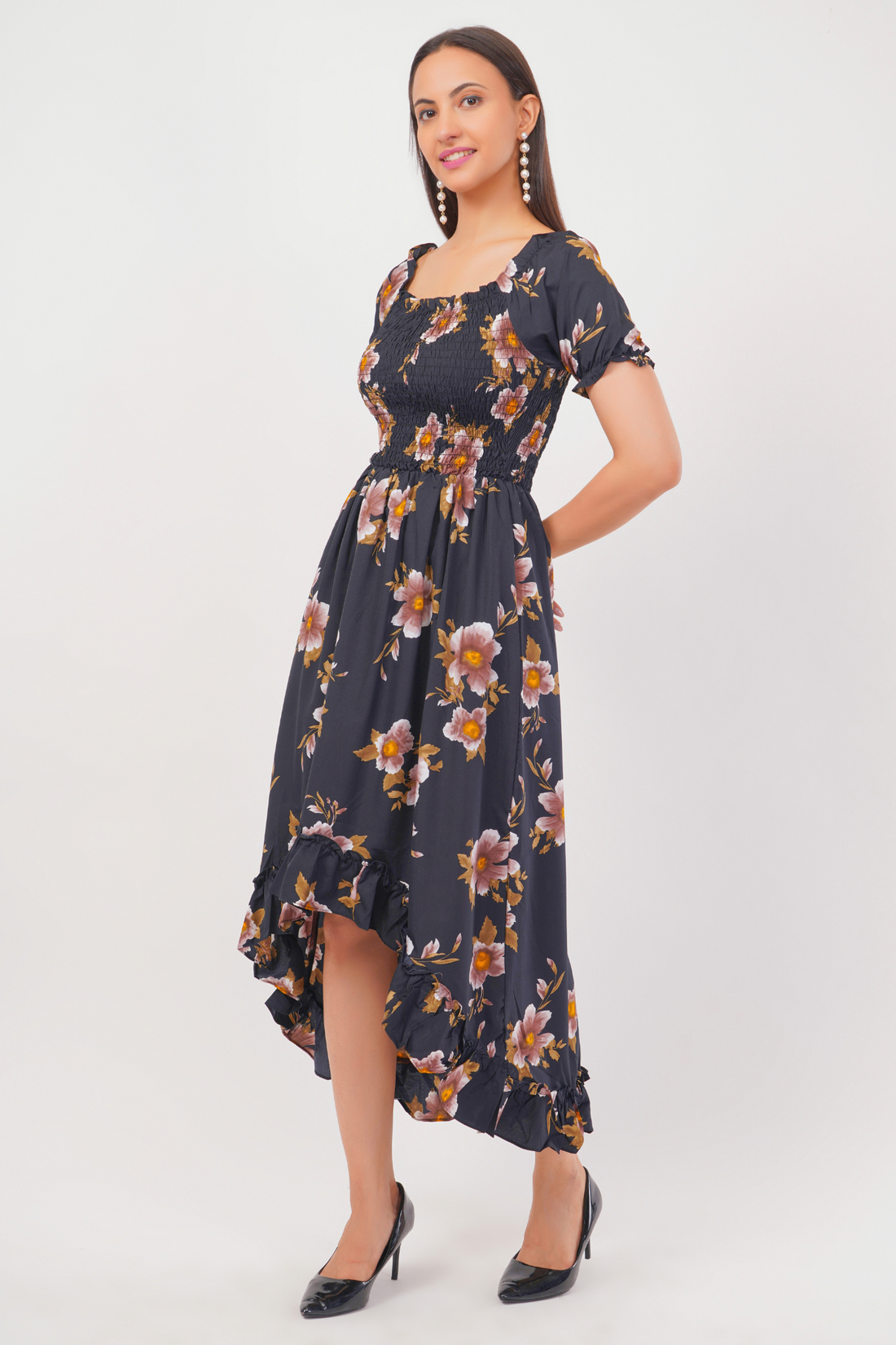 Strawberry Xpress Women's Crepe A-Line Maxi Dress – Ruffled Black