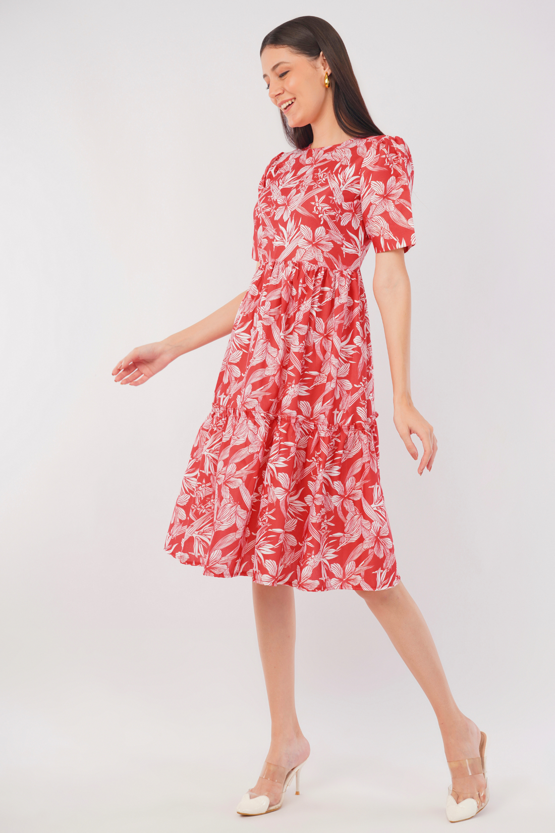 Strawberry Xpress Apparels Tropical Print Puff Sleeve A-Line Maxi Dress – Red