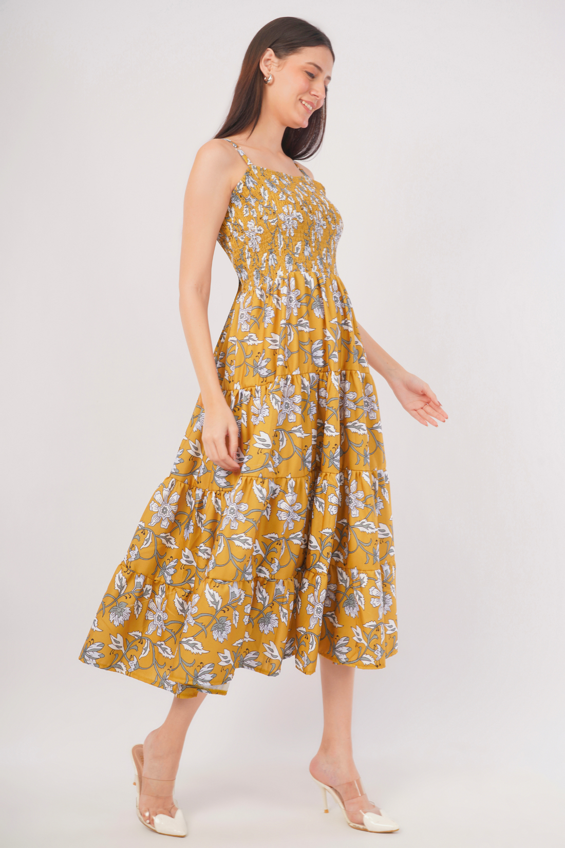 Strawberry Xpress Smocked Floral  A-Line Maxi Dress – Mustard