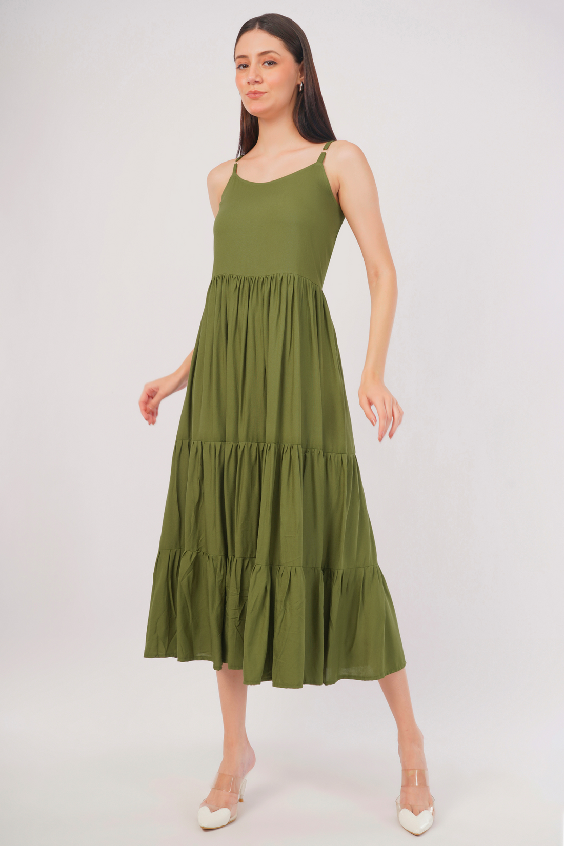 Strawberry Xpress Solid Tiered A-Line Maxi Dress – Green