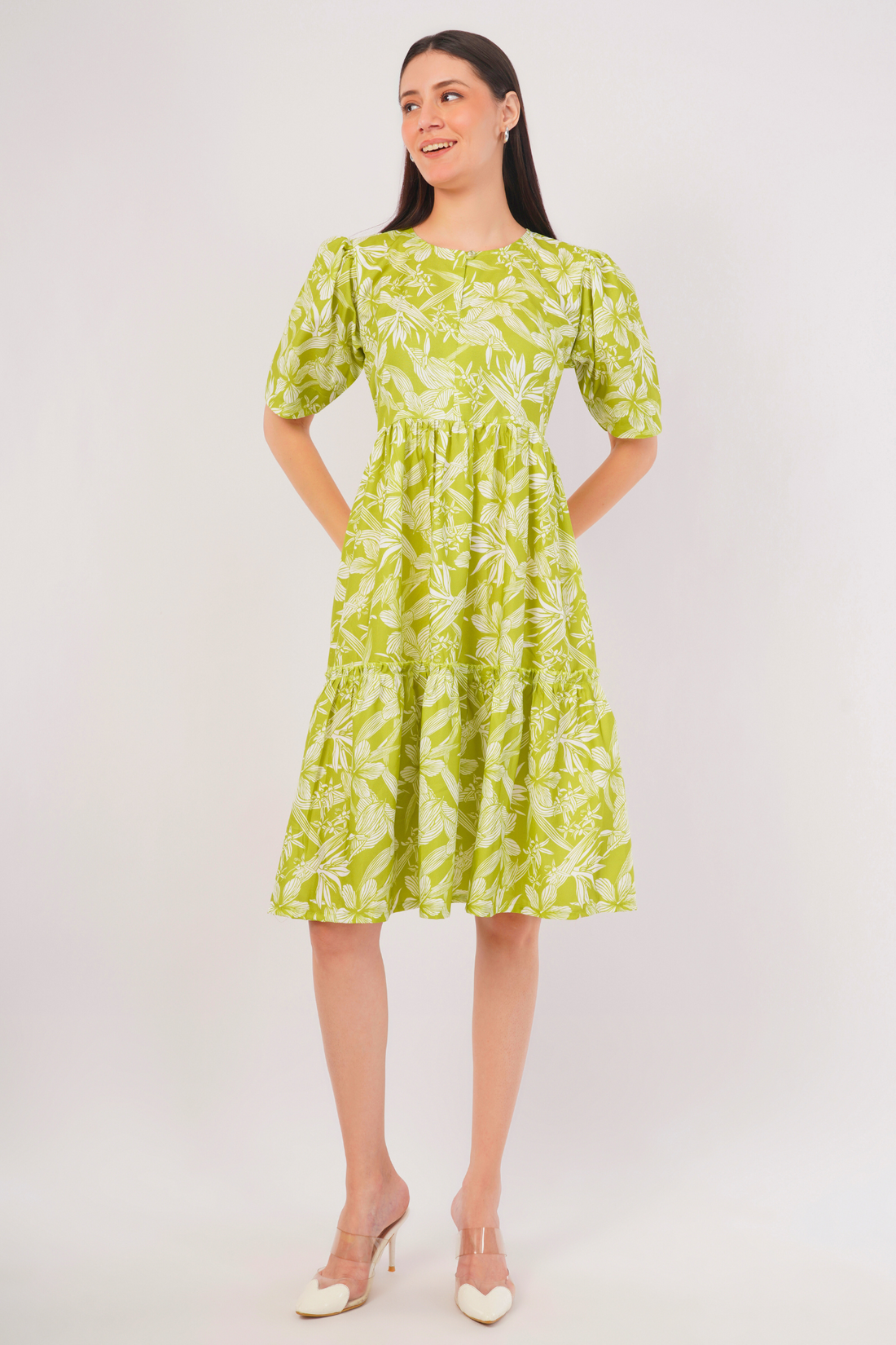 Strawberry Xpress Apparels Tropical Print Puff Sleeve A-Line Maxi Dress – Green