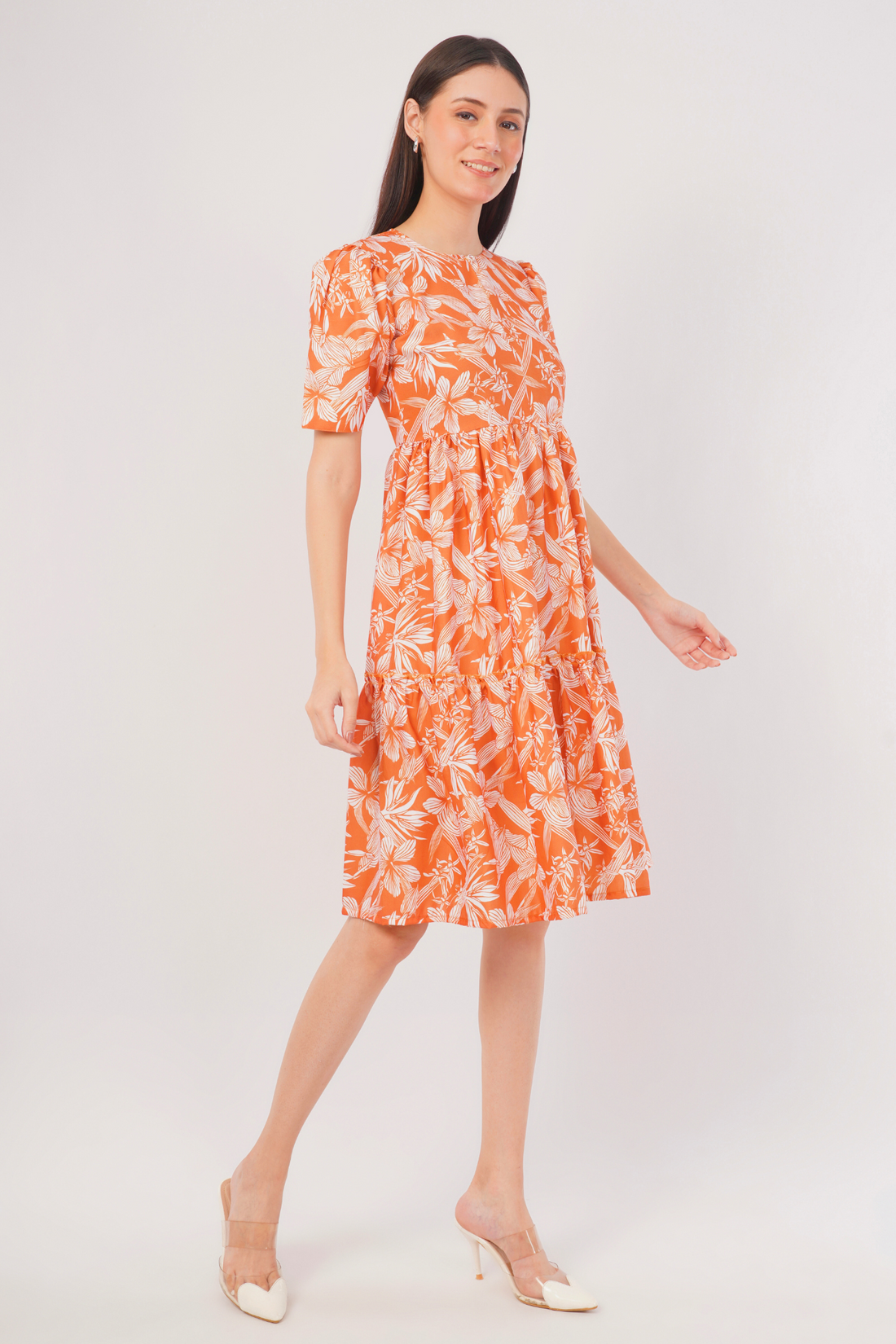 Strawberry Xpress Apparels Tropical Print Puff Sleeve A-Line Maxi Dress – Orange