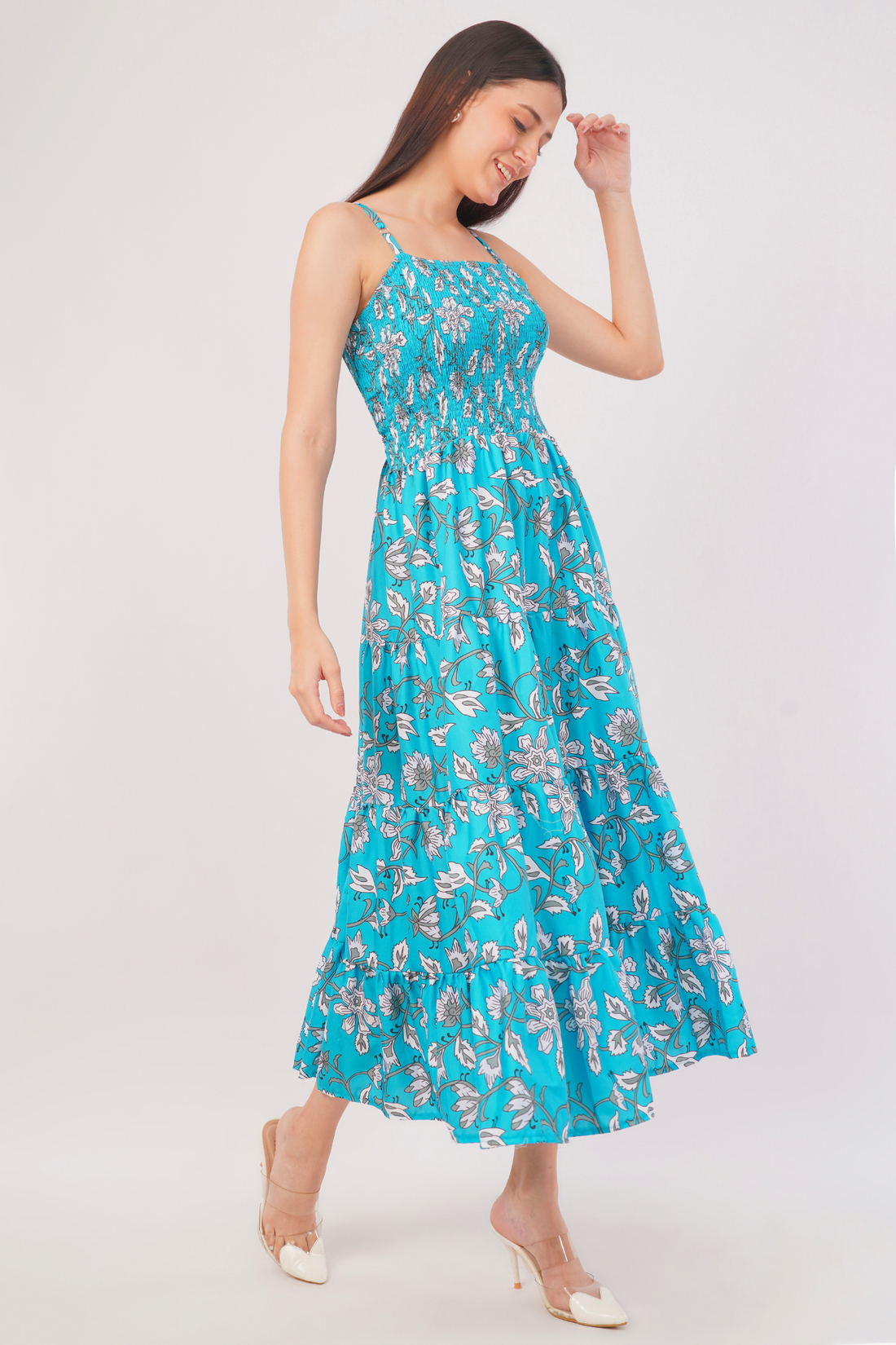 Strawberry Xpress Smocked Floral A-Line Maxi Dress – Blue