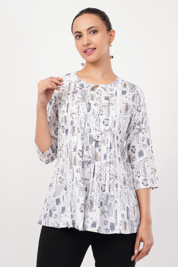 Strawberry Xpress Women's White & Grey Floral Print Crepe Tunic Top