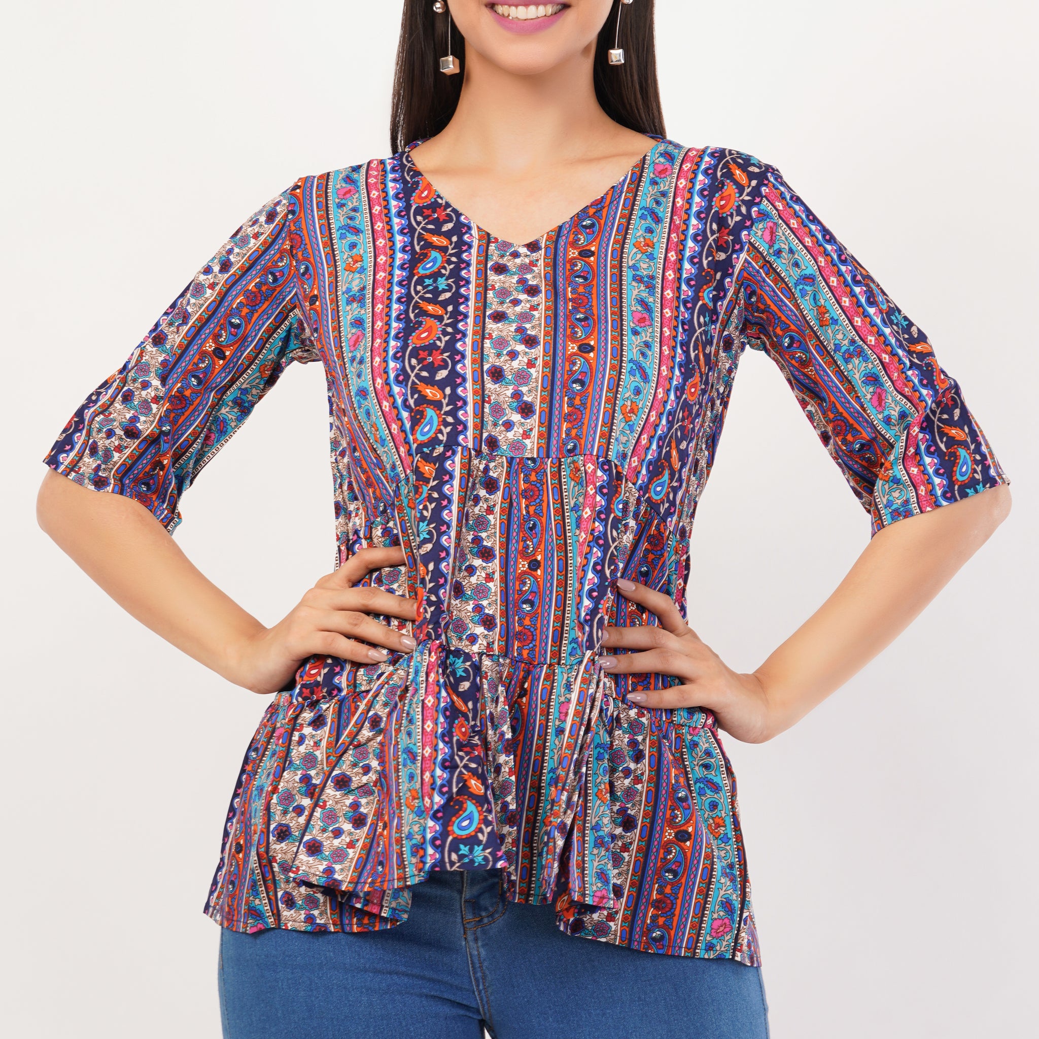 Strawberry Xpress Women’s Multicolor Printed Crepe Tunic Top (Regular Fit, Boat Neck, Half Sleeves)